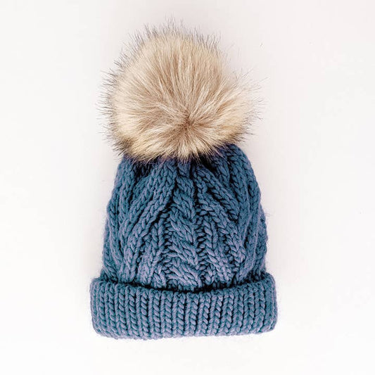 Slate Blue Pop Pom Pom Beanie Hat Baby & Kids: L (2-6 Years)