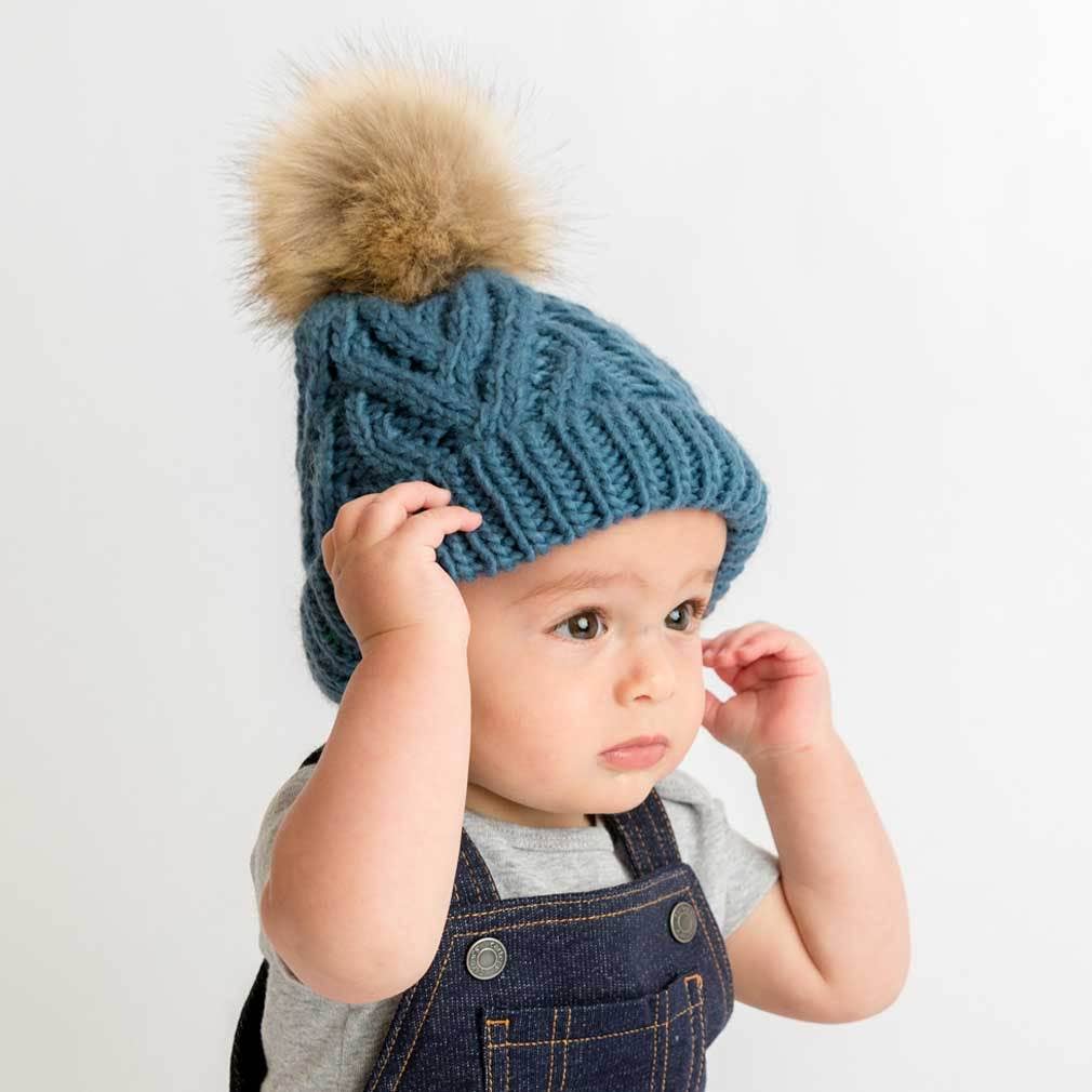 Slate Blue Pop Pom Pom Beanie Hat Baby & Kids: M (6-24 Months)