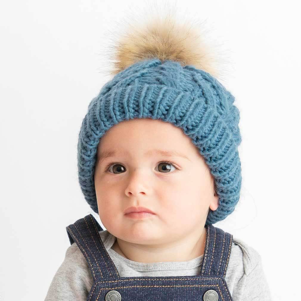 Slate Blue Pop Pom Pom Beanie Hat Baby & Kids: S (0-6 Months)