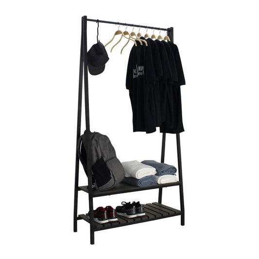 "A" Style Metal Coat Rack with Wooden Storage Shelve (Black): Black