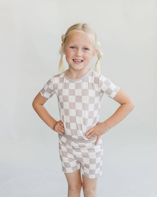 Bamboo Two Piece Shorts Set | Latte Checkered: 4T