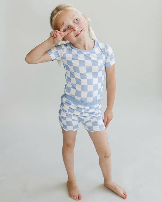 Bamboo Two Piece Shorts Set | Blue Checkered: 6-7Y