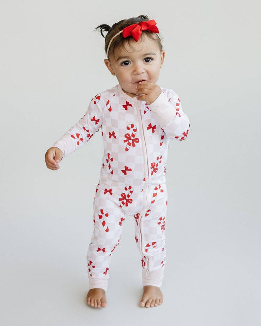 Christmas Baby Bamboo Zip Romper | Bows & Candy Cane