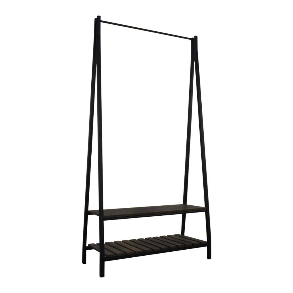 "A" Style Metal Coat Rack with Wooden Storage Shelve (Black): Black