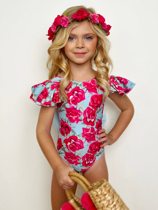 Sun-Kissed Blooms Flutter Sleeve Floral One Piece Swimsuit